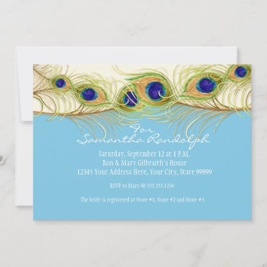 スワールモダンピーコックフェザーブライダルシャワー招待状 招待状 (正面)