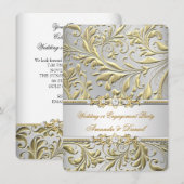 スワール フローラル ゴールド シルバー ウェディングまたはエンゲージメント 招待状 (正面/裏面)
