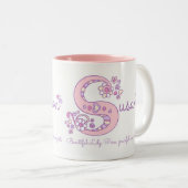 スーザンの一流の意味ハートの花Sのモノグラムのマグ ツートーンマグカップ (正面右)