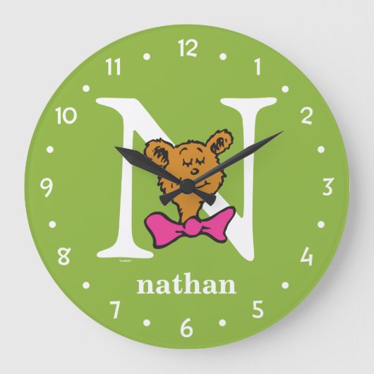 スース博士のABC:文字N -白|名前の追加 ラージ壁時計 (正面)