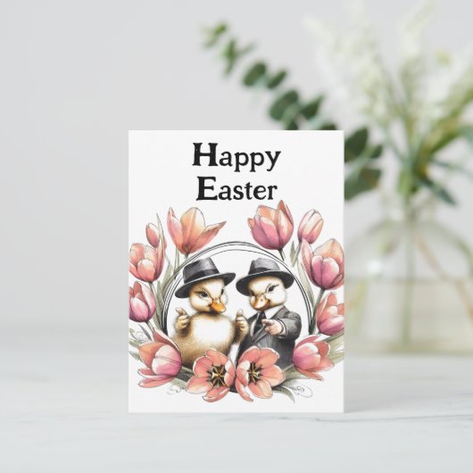 スーツおもしろいを着た可愛いヴィンテージイースターアヒル ポストカード (スタンド正面)