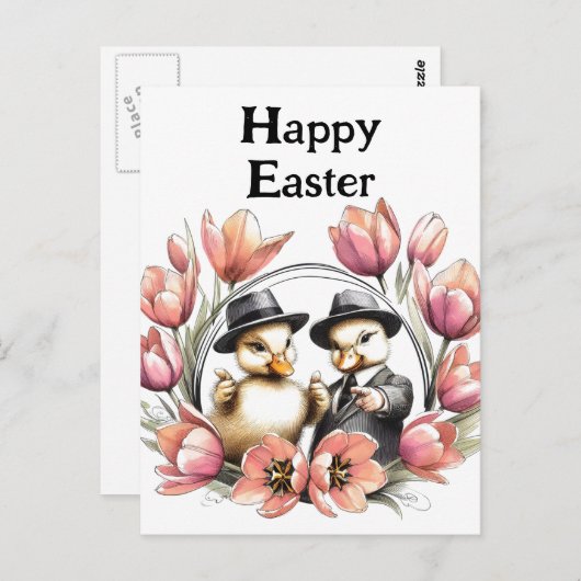 スーツおもしろいを着た可愛いヴィンテージイースターアヒル ポストカード (正面/裏面)