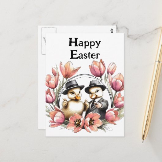 スーツおもしろいを着た可愛いヴィンテージイースターアヒル ポストカード (正面/裏面インサイチュ)