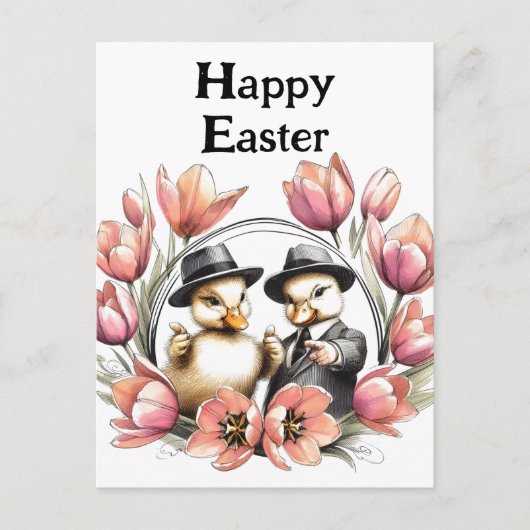 スーツおもしろいを着た可愛いヴィンテージイースターアヒル ポストカード (正面)