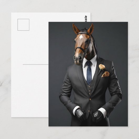 スーツおもしろいを着た馬 ポストカード (正面/裏面)