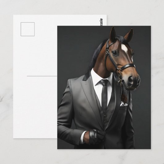 スーツおもしろいを着た馬 ポストカード (正面/裏面)