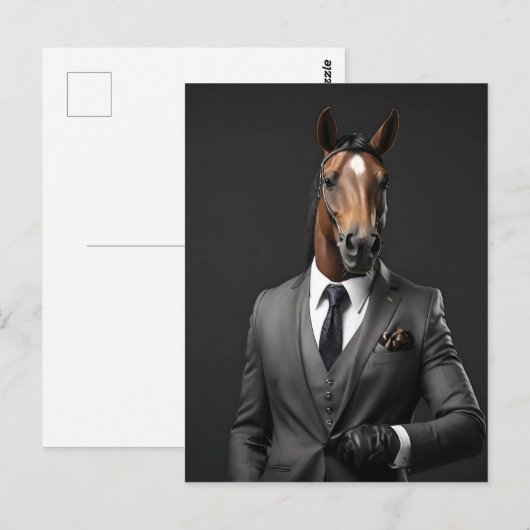 スーツおもしろいを着た馬 ポストカード (正面/裏面)