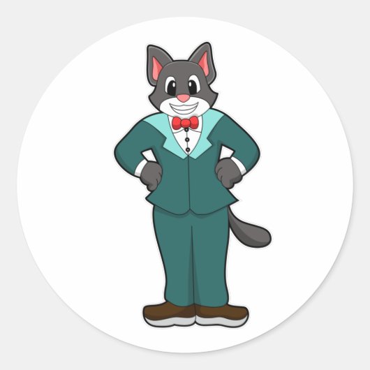 スーツとリボンをつけたグルーマー姿の猫 ラウンドシール (正面)