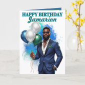 スーツのネイビーブルーがお似合いのアフリカ系アメリカ人男性の誕生日 カード (黄色い花)