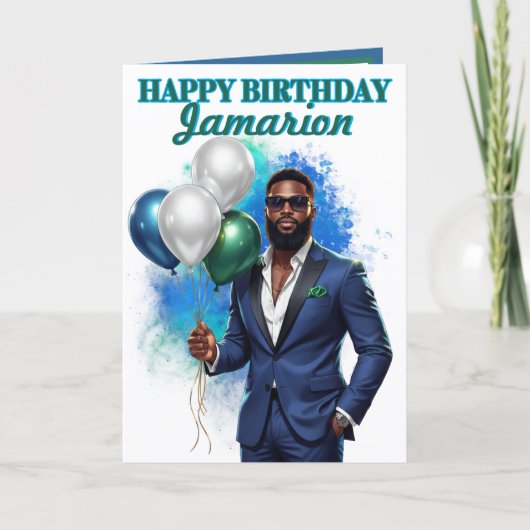 スーツのネイビーブルーがお似合いのアフリカ系アメリカ人男性の誕生日 カード (正面)