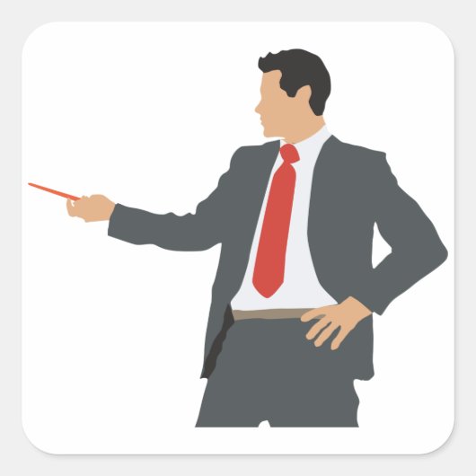 スーツの四角いステッカーにポインタを入れたビジネスマン スクエアシール (正面)