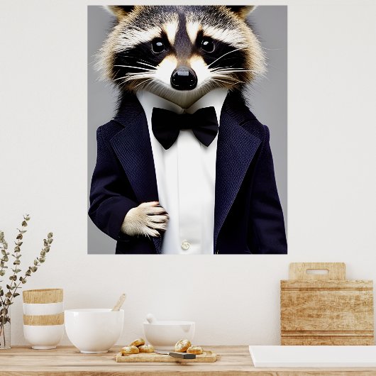 スーツを着た壁アートのアライグマの紳士 ポスター (キッチン)