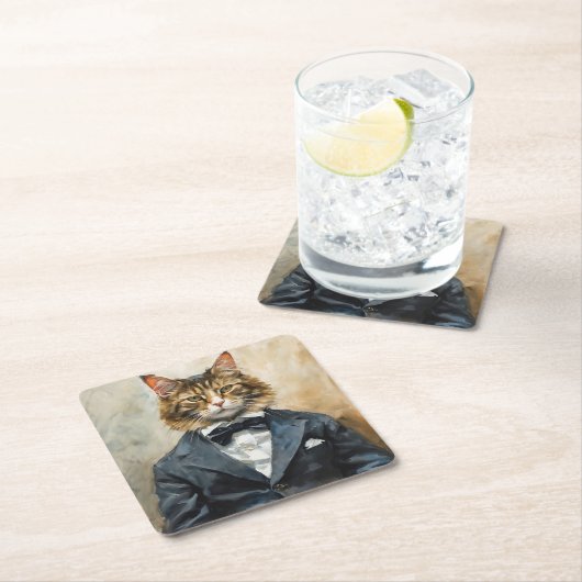 スーツを着た猫 スクエアペーパーコースター (インサイチュ)