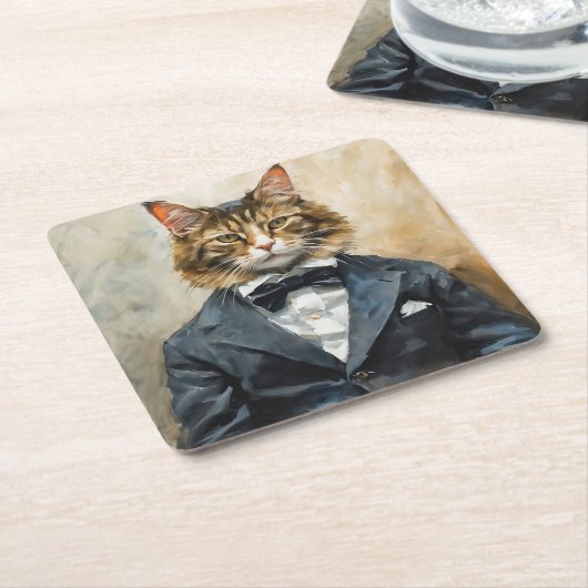 スーツを着た猫 スクエアペーパーコースター (アングル)