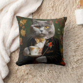 スーツを着てコーヒーを飲むブリティッシュ・ショートヘア クッション (ブランケット)