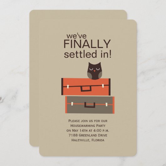 スーツケースとフクロウ引っ越し祝いパーティー 招待状 (正面/裏面)