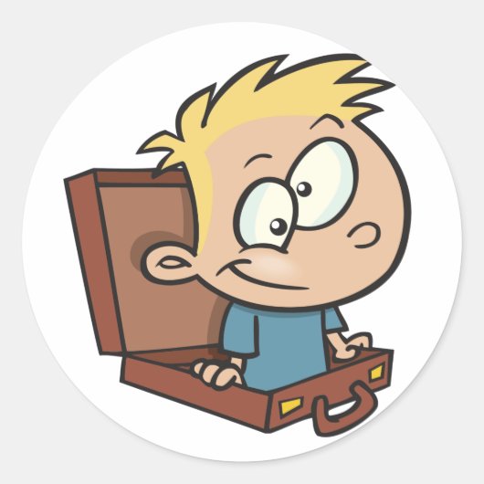 スーツケースにステッカーを貼った子ども ラウンドシール (正面)