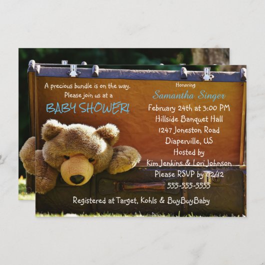 スーツケースにテディベア男の赤ちゃんシャワー招待状 案内状 (正面/裏面)