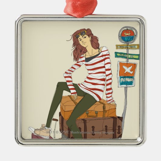 スーツケースに坐る若い女性のポートレート メタルオーナメント (正面)