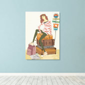 スーツケースに座っている若い女性のポートレート キャンバスプリント (インサイチュ (ウッドフロア))