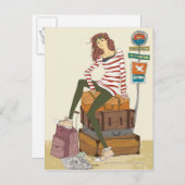 スーツケースに座っている若い女性のポートレート ポストカード (正面/裏面)