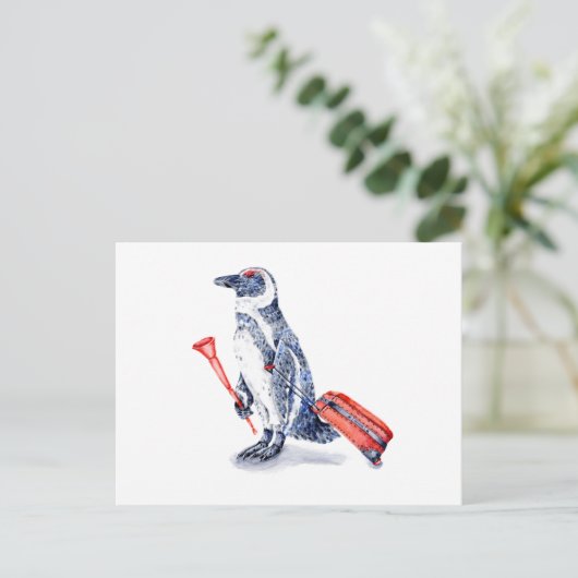 スーツケースを持つアフリカペンギン ポストカード (スタンド正面)