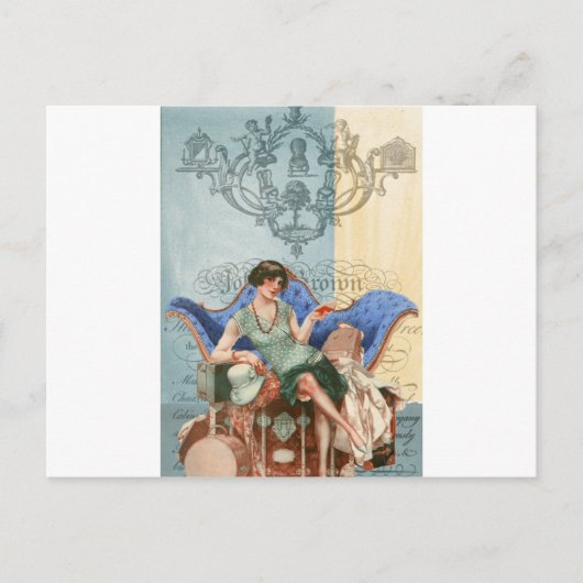 スーツケース付きフラッパー、1920年の旅行、アートコラージュ ポストカード (正面)