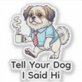 スーツ姿でコーヒーを楽しむ可愛い日本犬 シール (正面)