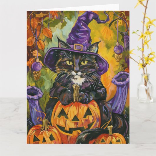 スーツ姿の猫のハロウィン・ウィッチとパンプキン カード (黄色い花)