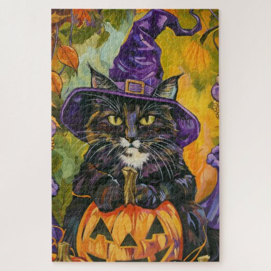 スーツ姿の猫のハロウィン:魔女とカボチャ ジグソーパズル (縦)