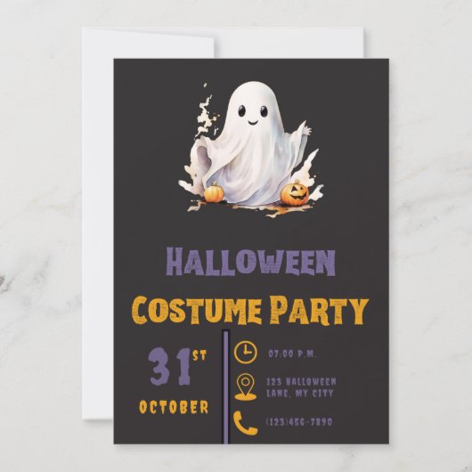 スーパーかわいいおばけ モダン ブラック ハロウィン 招待状 (正面)