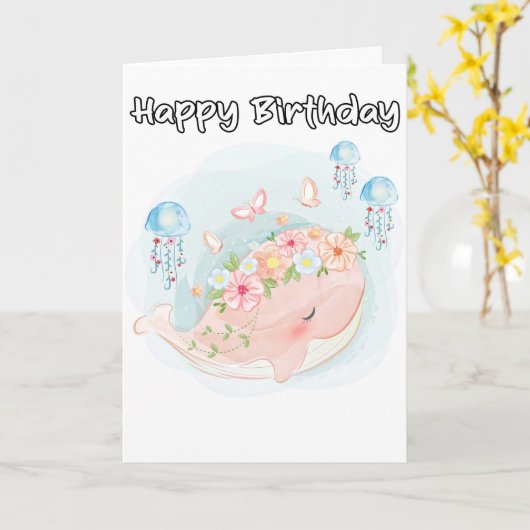 スーパーかわいい泳ぐクジラの誕生日 カード (黄色い花)