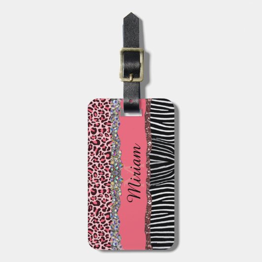 スーパーガーリーピンクグリッターエキゾチックレオパードプリント ラゲッジタグ (正面縦)