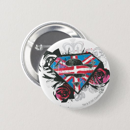 スーパーガールイギリス国旗とバラ 缶バッジ (正面&裏面)
