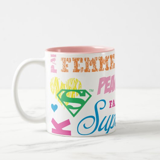 スーパーガールカラフル文字コラージュ ツートーンマグカップ (左)