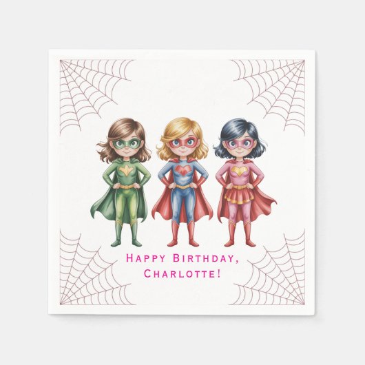 スーパーガールヒーローの誕生日パーティーのための女の子 スタンダードカクテルナプキン (正面)
