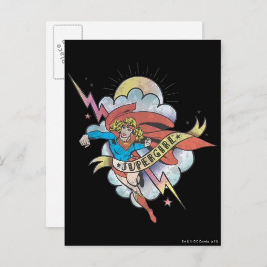 スーパーガール飛んでいる稲妻タトゥー ポストカード (正面/裏面)