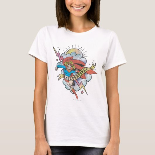 スーパーガール飛んでいる稲妻タトゥー Tシャツ (正面)