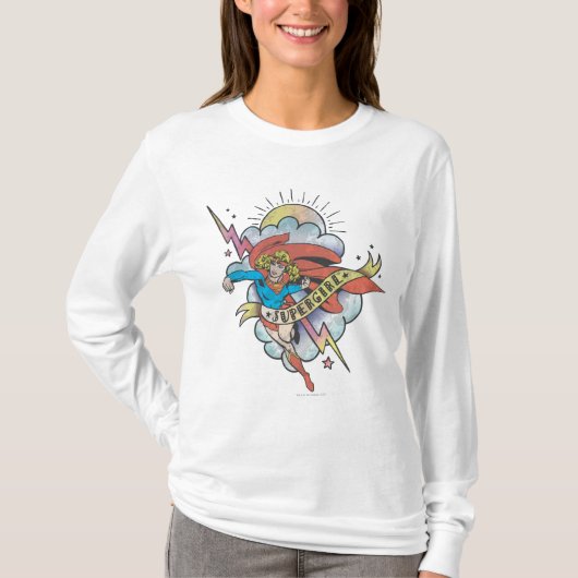 スーパーガール飛んでいる稲妻タトゥー Tシャツ (正面)