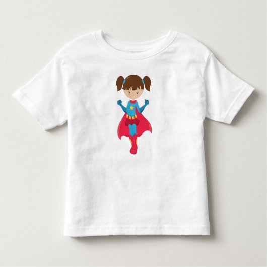 スーパーガール、かわいい女の子、茶色の髪、赤いマント トドラーTシャツ (正面)