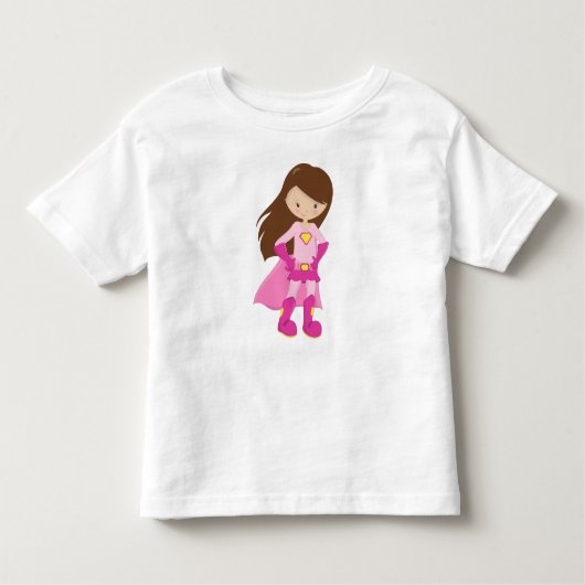 スーパーガール, 茶色の髪, かわいい少女, ピンクのマント トドラーTシャツ (正面)