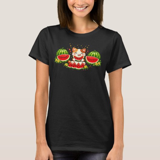スーパーキュートかわいいスイカ猫のイラスト Tシャツ (正面)