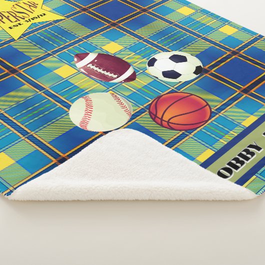 スーパースタータータンチェックブルーイエロー シェルパブランケット (3/4)