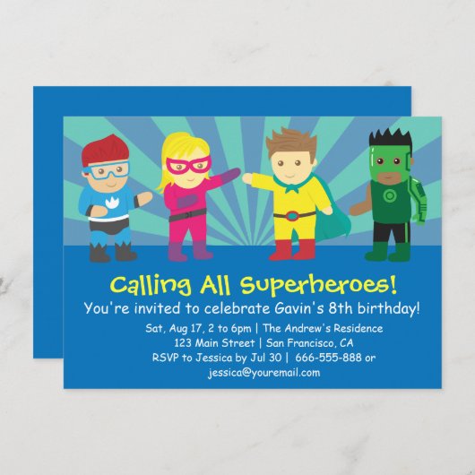 スーパーヒカラフルーロ誕生パーティ子供へー 招待状 (正面/裏面)