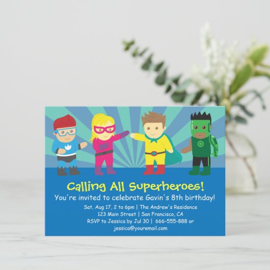 スーパーヒカラフルーロ誕生パーティ子供へー 招待状 (スタンド正面)