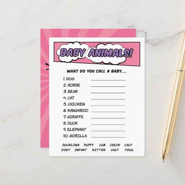 スーパーヒーロガーリーー漫画ベビーシャワー動物ゲーム (正面/裏面インサイチュ)