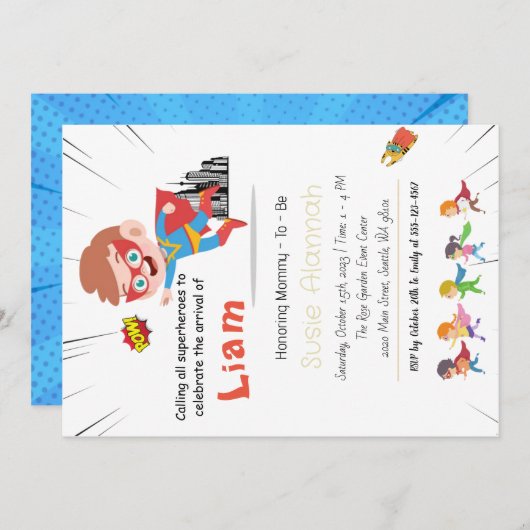 スーパーヒーロパーソナライズされたーボーイベビーシャワー招待状 招待状 (正面/裏面)