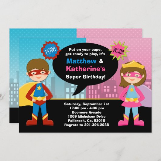 スーパーヒーローおよび極度の女の子の誕生日のパーティの招待状 招待状 (正面/裏面)