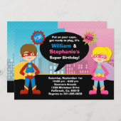 スーパーヒーローおよび極度の女の子の誕生日のパーティの招待状 招待状 (正面/裏面)