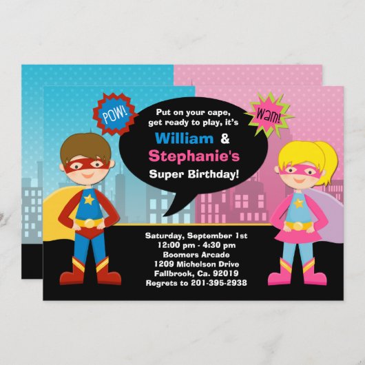 スーパーヒーローおよび極度の女の子の誕生日のパーティの招待状 招待状 (正面/裏面)